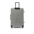 Large check-in suitcase with telescopic handle and 8 wheels, metallic silver-gray front view.