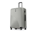 Hard-shell spinner suitcase, light silver-gray, side view with 8 wheels