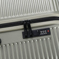 Hard-shell spinner suitcase, light silver-gray with black zipper panel and 4-digit lock
