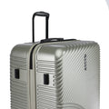 Hard-shell spinner suitcase, silver-green finish with top handle and side latch