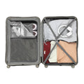 Open hard-shell check-in suitcase with interior mesh divider and packing straps