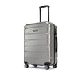 Silver hard-shell suitcase angled front view with telescopic handle and 4 corner wheels.