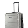 Silver hard-shell suitcase side view with telescopic handle and vertical zipper pocket.