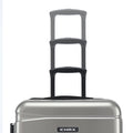 Silver hard-shell suitcase front view with telescopic handle and top carry grip.