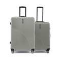 Pair of light gray hard-shell check-in suitcases with retractable handles and four wheels