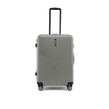 Light gray hard-shell check-in suitcase rear view with retractable handle and small wheels