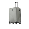 Silver suitcase side view with upright handle, 8 wheels, ribbed shell