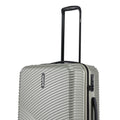 Silver suitcase top and side with upright handle, ribbed texture and front wheel