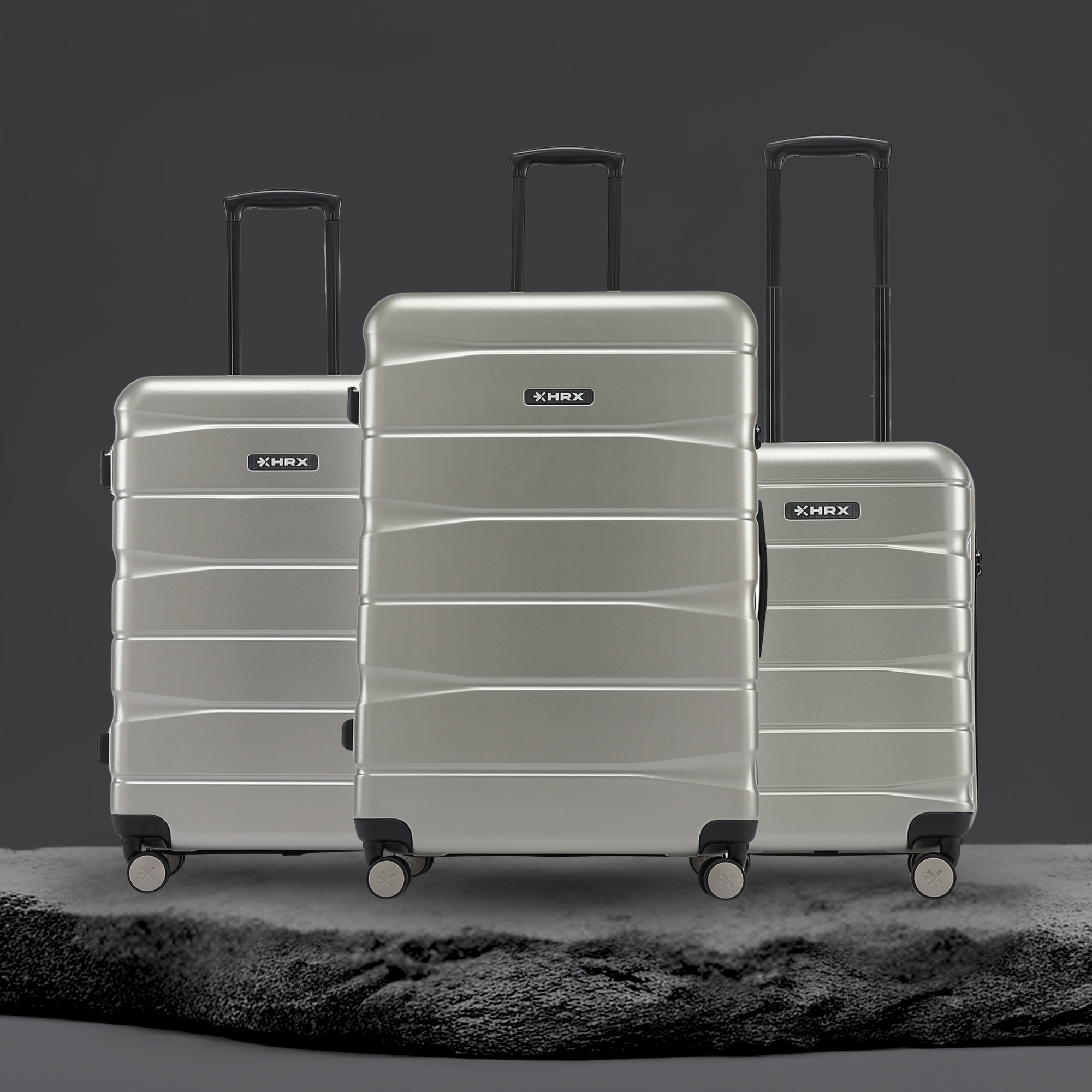 HRX by Hrithik Roshan  Hard Body Set of 3 Luggage 8 Wheels - Brute Set of 3 (Small 58cm | Medium 66cm | Large 75cm) - Silver