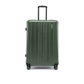 Dark green large check-in suitcase with top handle and four corner wheels