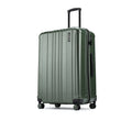 Large check-in suitcase in dark green, side view with ridged shell and upright telescopic handle
