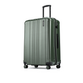 Dark green large check-in suitcase with side handle and four spinner wheels