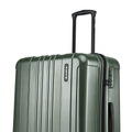 Dark green large check-in suitcase close-up of front panel and handle area