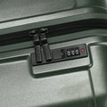 Dark green hard-shell suitcase with TSA-style combination lock on front panel