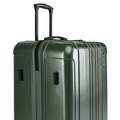 Dark green large check-in suitcase close-up of top handle and side panel