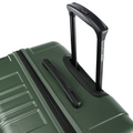 Dark green large check-in suitcase with side carry handle and zipper track close-up