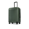 Upright dark green hard-shell suitcase with retractable handle and caster wheels