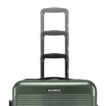 Handle area of dark green hard-shell suitcase with stacked hand grips