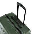 Dark green suitcase top carry handle and ridged side with zipper seam