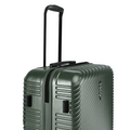 Dark green suitcase side with handle opening and ridged shell