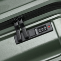 Dark green small cabin suitcase with zipper, carry handle, and side combination lock