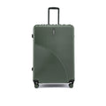 Hard-shell rolling luggage with 8 wheels, dark green ridged front with small logo and feet