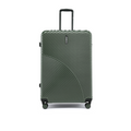 Large check-in suitcase, dark green ribbed shell, front view with handle and base wheels