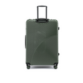 Large check-in suitcase, dark green ribbed shell, back view with handle and base wheels
