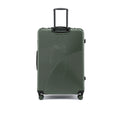 Hard-shell rolling luggage with 8 wheels, dark green front with upright handle and ridged shell