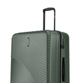 Dark green hard-shell suitcase side profile with upright handle and integrated handle latch