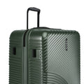 Hard-sided suitcase, dark green ribbed shell, curved front panel, telescoping handle