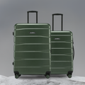 Hard body luggage set in green with two upright wheeled suitcases and telescopic handles