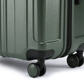 Medium check-in suitcase base with four wheels and molded corner bumpers, dark green