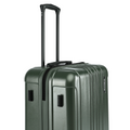 Dark green hardshell suitcase rear corner with telescopic handle and grips