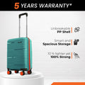 Teal small cabin suitcase with telescopic handle and 8 wheels, front view on display.