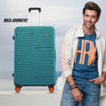 Teal large check-in suitcase with telescopic handle and 8 wheels, ridged shell