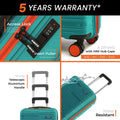 Teal suitcase with side lock keypad, telescopic handle, and spinner wheels, close-up