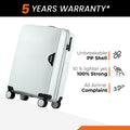 Light gray hard-shell suitcase with spinner wheels, labeled unbreakable PP shell