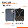Soft-sided 48L luggage set showing compression straps and open interior with four wheels