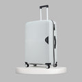 Light blue rolling suitcase with telescopic handle, side zipper pocket, and four wheels upright.