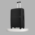 Large black hardshell suitcase with textured finish, zipper, 4 wheels and telescopic handle