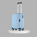55cm cabin hard-shell suitcase in light blue with 8 spinner wheels and handle