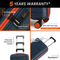 Hard-shell suitcase with 8 wheels, orange wheel hubs, telescopic handle, side lock detail