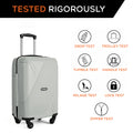 Light gray cabin suitcase with telescopic handle and four wheels, front three-quarter