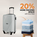 Light gray cabin suitcase with telescopic handle and four wheels, opened packing space