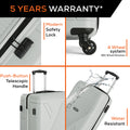 Silver polypropylene cabin suitcase with telescopic handle and 4 rolling wheels