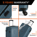 Teal cabin suitcase details: safety lock, push-button handle, 4-wheel system, water resistant.
