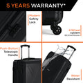 HRX cabin suitcase close-up, 4-wheel rotation base with push-button telescopic handle.