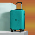 Teal cabin suitcase with textured shell, telescopic handle, and 4 wheels