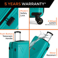 Teal suitcase with push-button telescopic handle and front corner wheels